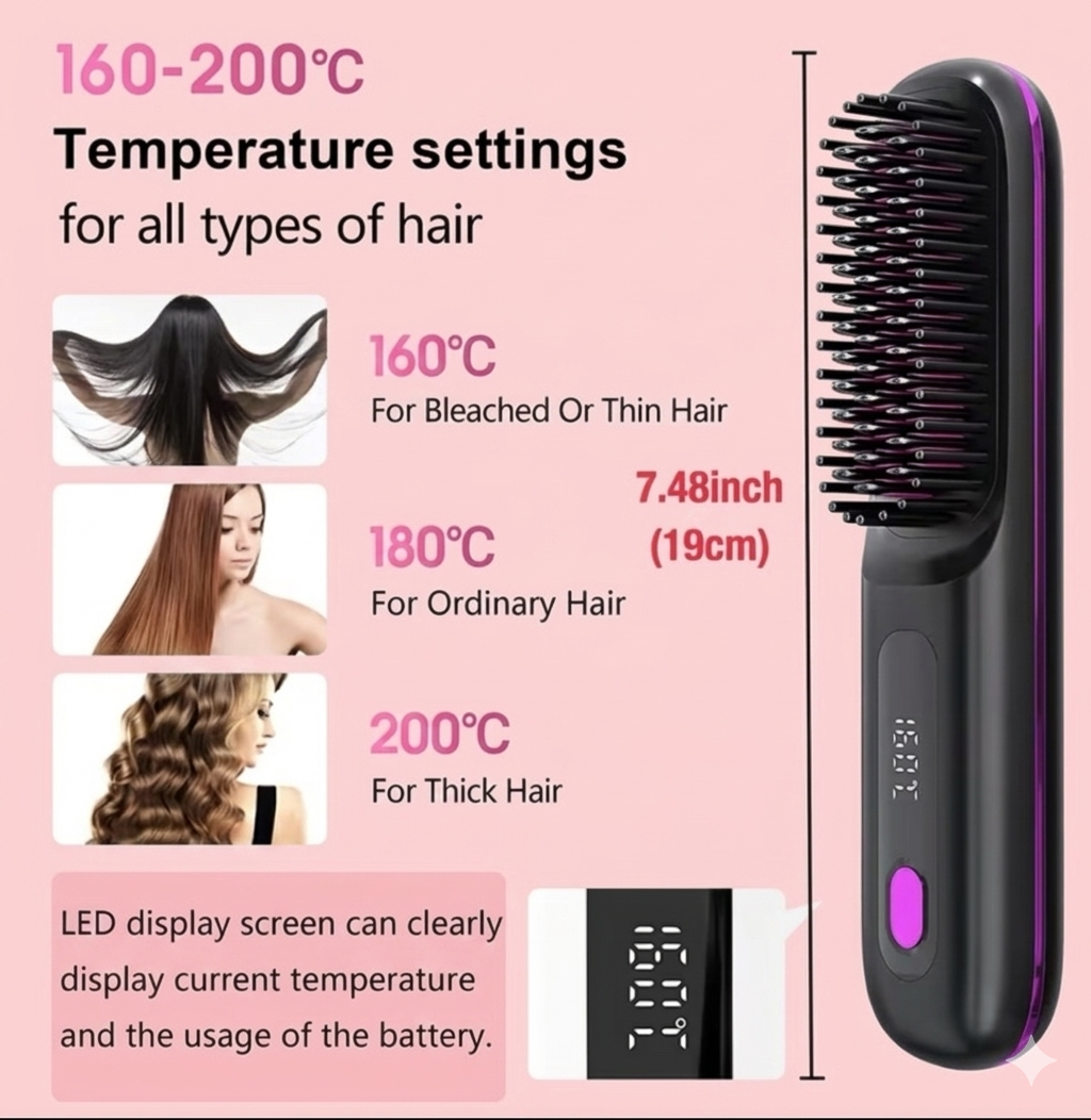 The Beau's Premium Portable Cordless Hair Straightener Brush